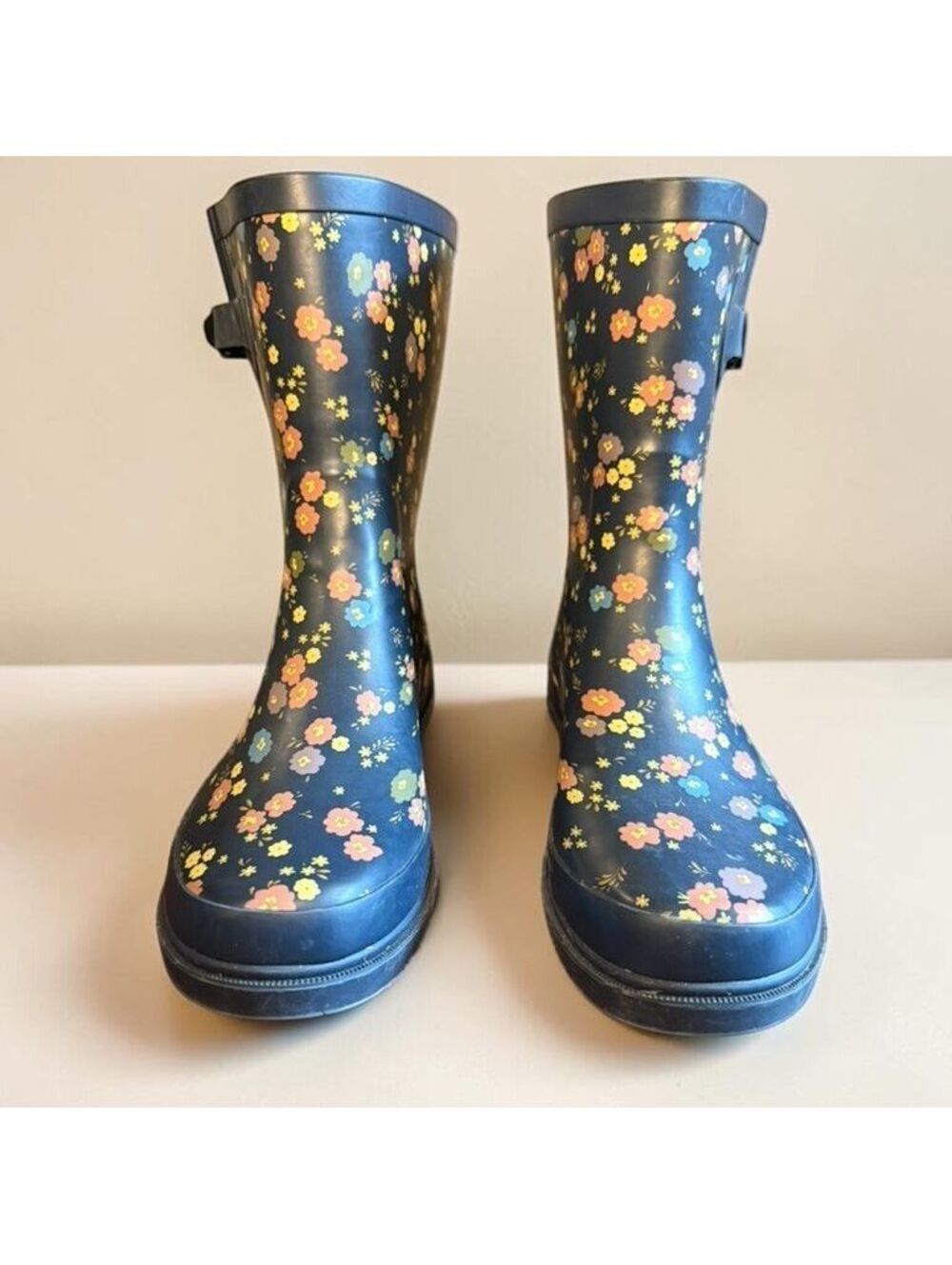 Western Chief Prim Petals Rain Boots Women's 10 Navy Floral Mid Calf Rubber